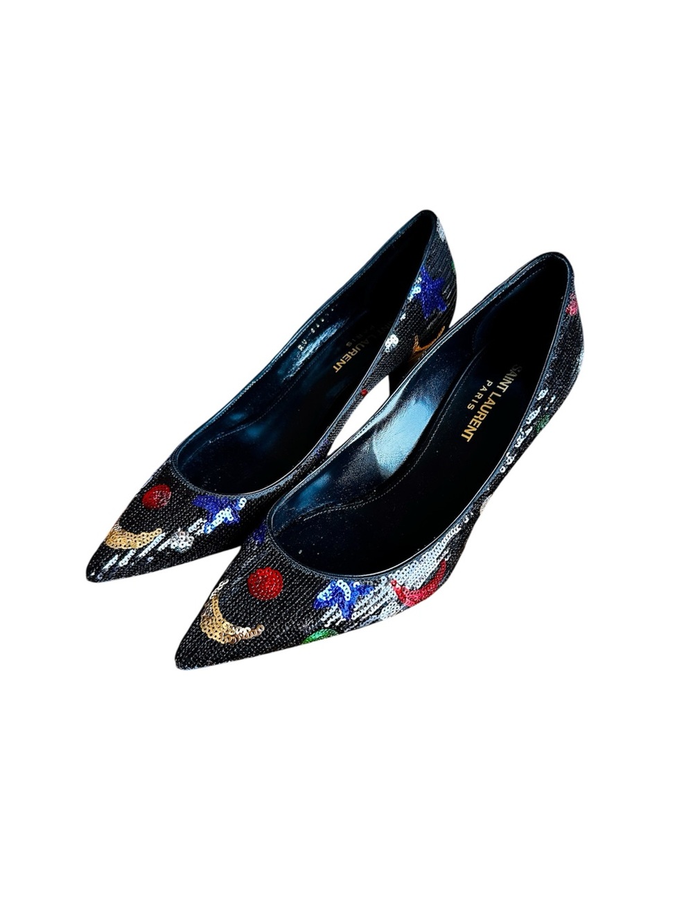 YSL Black Palace Sequined Pointed Toe Pumps with Embroidery EU37D (wide)